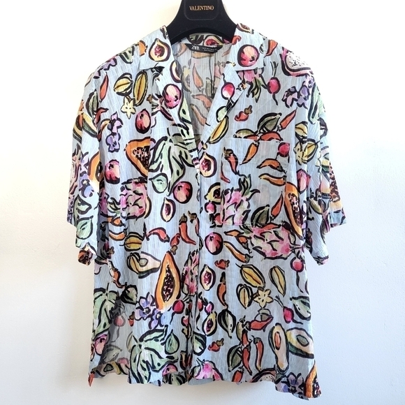 New Zara Fruit Printed Oversized Button Front Multicolored Shirt/Blouse/Top Sz S - Picture 10 of 15